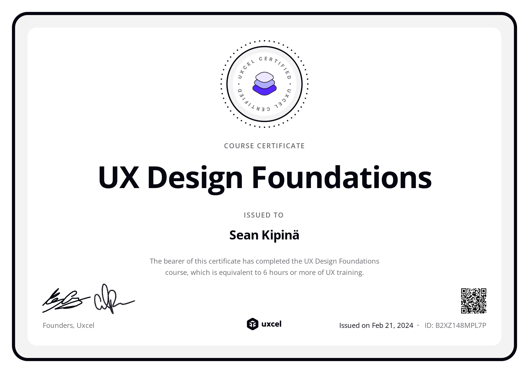 Sean Kipinä's certificate